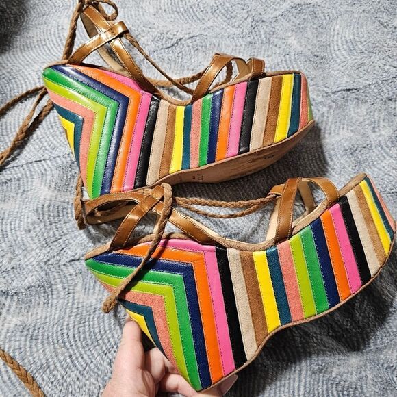 Jimmy Choo "Pearl" Rainbow Leather Espadrill Wedge Heels in EXCELLENT condition - Picture 2 of 9